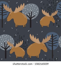 Deers and trees, hand drawn backdrop. Colorful seamless pattern with animals, forest. Decorative cute wallpaper, good for printing. Overlapping background vector. Design illustration