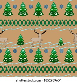 Deers and trees seamless pattern. Fashion graphic background design. Horizontal ornament. Modern stylish abstract texture. Colorful template for prints, textiles, wrapping, etc. Vector illustration