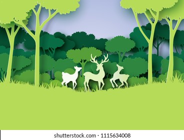 Deers wildlife family and nature forest landscape paper art style.Vector illustration.