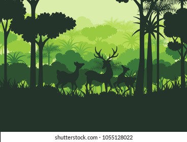 Deers wildlife and green silhouette forest abstract background.Nature and environment conservation concept flat design.Vector illustration.