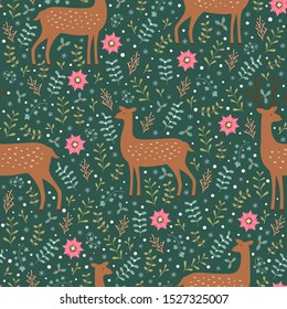 Deers and winter flora seamless scandinavian flok pattern style vectoer green background Christ mas theme 