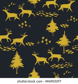 Deers in winter forest. New Year vector seamless pattern with trees and animals. Christmas hand drawn texture with firs, running deer and snow