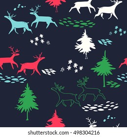 Deers in winter forest. New Year vector seamless pattern with trees and animals. Christmas hand drawn texture with firs, running deer and snow