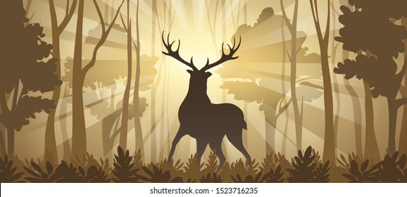 DeerSilhouette in rays of sunlight on Deep Forest Background. Horizontal vector Illustration