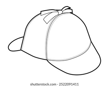 Deerstalker Cap Hat. Summer Head Mode Zubehör Kleidung technische Illustration. Vektorkopfbedeckung für Herren, Damen, Unisex-Stil, flache Vorlage CAD-Mockup Skizze einzeln