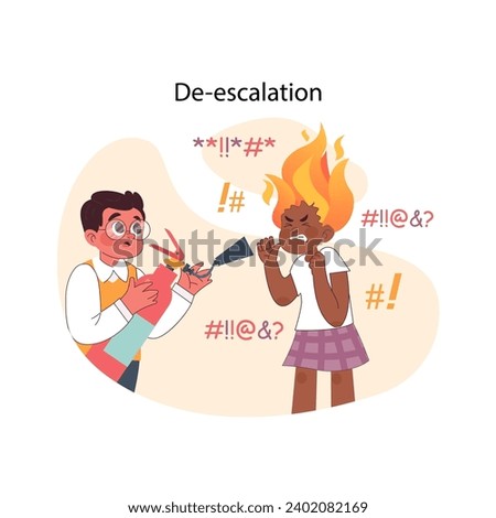 De-escalation concept. Illustration of a child using calmness to soothe another's anger, depicting the importance of peaceful conflict resolution. Flat vector illustration.