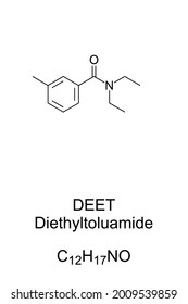 DEET, chemical formula and structure. Diethyltoluamide, most common active ingredient in insect repellents, a protection against mosquitoes, ticks, fleas, chiggers, leeches and other biting insects.
