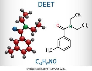 DEET, diethyltoluamide, N,N-Diethyl-meta-toluamide C12H17NO  molecule. It is active ingredient in insect repellents. Structural chemical formula and molecule model. Vector illustration