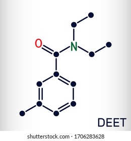 DEET, diethyltoluamide, N,N-Diethyl-meta-toluamide C12H17NO  molecule. It is active ingredient in insect repellents. Structural chemical formula. Vector illustration