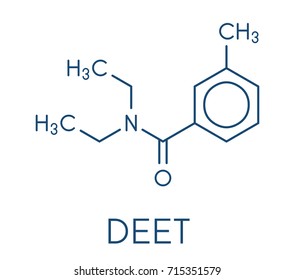 DEET (diethyltoluamide, N,N-Diethyl-meta-toluamide) insect repellent molecule. Skeletal formula.