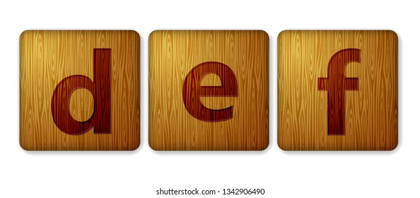 D,E,F  blocks wooden icon. Alphabet cubes with letters