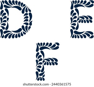 DEF letters in traditional talavera feathering, traditional vector, letter D, letter E and letter F, decorative letters