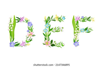 D,E,F letras mayúsculas hechas de hojas y flores. Alfabeto floral para boda, diseño de tarjeta de saludo invitación ilustración vectorial de dibujos animados