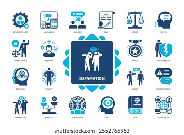 Symbolsatz für Diffamierung. Menschenrechte, Verleumdung, Fake, Beleidigung, soziale Frage, Ethik, Kommunikation, Reputation. Duotonfarben-Volltonsymbole