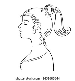 Default avatar profile icon of a young woman.An outline hand drawing.The girl in a beautiful hairstyle in a profileVector illustration.
