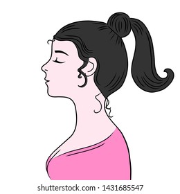 Default avatar profile icon of a young woman with dark hair.The girl in a blouse with horsetail hair.Hand drawing.Vector illustration.