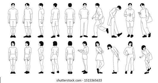 Default character for various views. Basic posture set. hand drawn style vector design illustrations. 