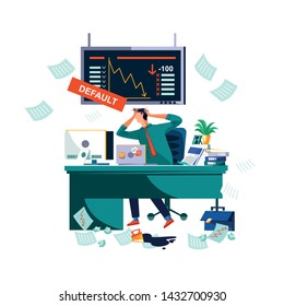 Default or collapse in stock market and exchange concept vector illustration. Businessman in stress, broker in panic clasping your head with hands on background of screen with securities value fall