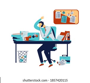 Default or collapse in stock market and exchange concept vector illustration. Businessman in stress, broker in panic clasping your head with hands on background of screen with securities value fall