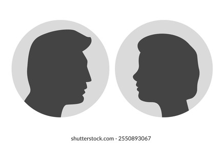 Conjunto de iconos de perfil de hombre y mujer mayor predeterminado. Silueta negra en círculo gris. Empresarios o jefes humanos del gobierno. Ilustración vectorial
