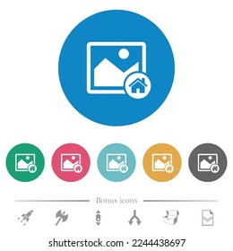 Default image flat white icons on round color backgrounds. 6 bonus icons included.
