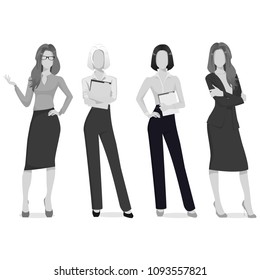 Default placeholder businesswoman. Set of four full body characters. Woman gray color