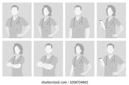 Default placeholder doctor half-length portrait photo avatar.  Gray color 