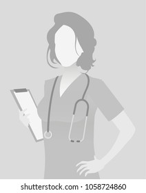 Default placeholder doctor half-length portrait photo avatar.  Gray color 
