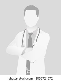 Default placeholder doctor half-length portrait photo avatar.  Gray color 