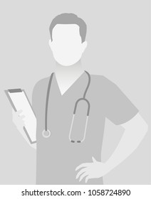Default placeholder doctor half-length portrait photo avatar.  Gray color 