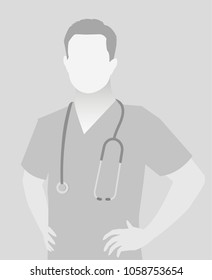 Default placeholder doctor half-length portrait photo avatar.  Gray color 