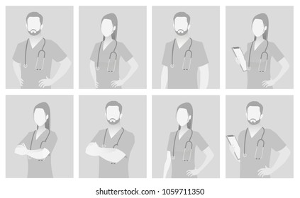 Default placeholder doctor half-length portrait photo avatar.  Gray color 