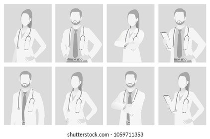 Default placeholder doctor half-length portrait photo avatar.  Gray color 