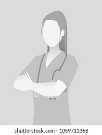Default placeholder doctor half-length portrait photo avatar.  Gray color 