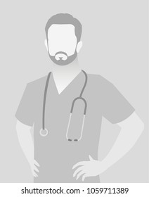 Default placeholder doctor half-length portrait photo avatar.  Gray color 
