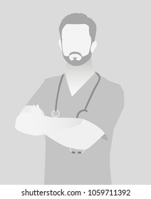 Default placeholder doctor half-length portrait photo avatar.  Gray color 