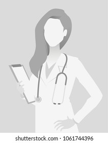 Default placeholder doctor half-length portrait photo avatar.  Gray color 