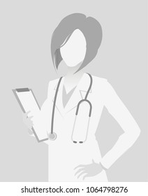 Default placeholder doctor half-length portrait photo avatar.  Gray color 