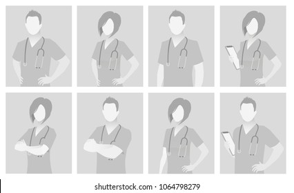 Default placeholder doctor half-length portrait photo avatar.  Gray color 