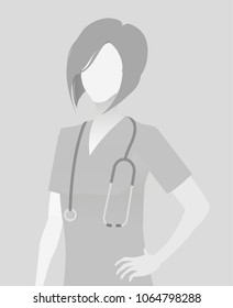 Default placeholder doctor half-length portrait photo avatar.  Gray color 