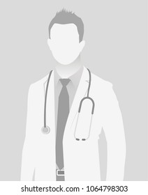 Default placeholder doctor half-length portrait photo avatar.  Gray color 