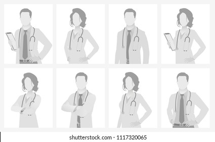 Default placeholder doctor half-length portrait photo avatar.  Gray color 