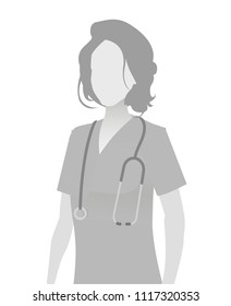 Default placeholder doctor half-length portrait photo avatar.  Gray color 