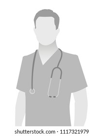 Default placeholder doctor half-length portrait photo avatar.  Gray color 