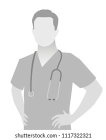 Default placeholder doctor half-length portrait photo avatar.  Gray color 