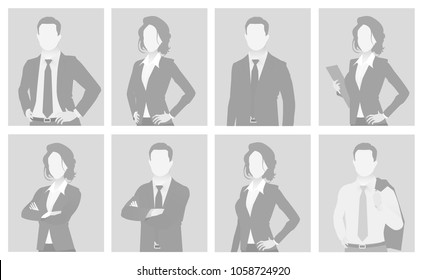 Default placeholder man and woman half-length portrait photo avatar. Businessman and businesswoman gray color 