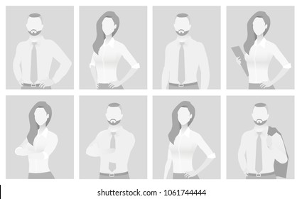 Default placeholder man and woman half-length portrait photo avatar. Businessman and businesswoman gray color 