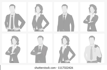 Default placeholder man and woman half-length portrait photo avatar. Businessman and businesswoman gray color 