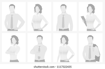 Default placeholder man and woman half-length portrait photo avatar. Businessman and businesswoman gray color 