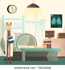 Defeat cancer orthogonal medical background poster with oncologist during magnetic resonance imaging MRI examination vector illustration  